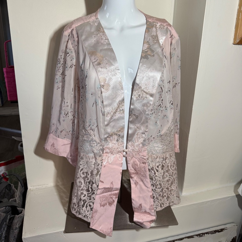 Violet Kay Kimono Jacket Patchwork Lace Floral Jacquard Pink Champagne 1X